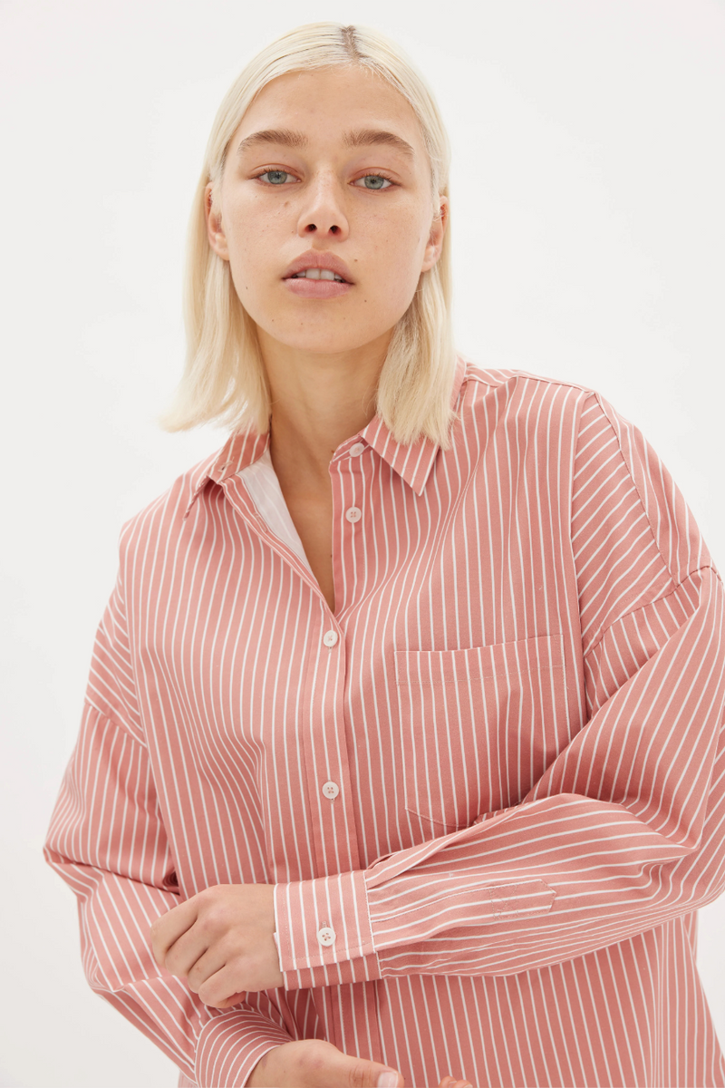 Chiara Mid Length Stripes Shirt - Himalayan Pink/White